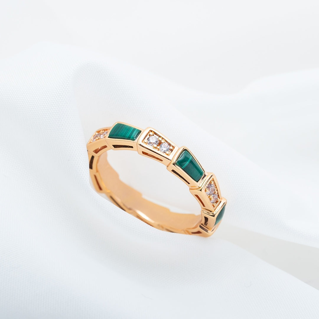 Bvlgari Serpenti Ring Pink Gold Malachite Cubic Zirconia 3MM