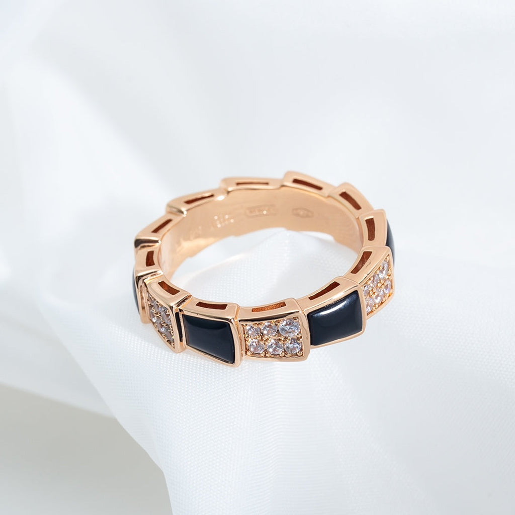 Bvlgari Serpenti Ring Pink Gold Black MOP Cubic Zirconia Paved 4MM