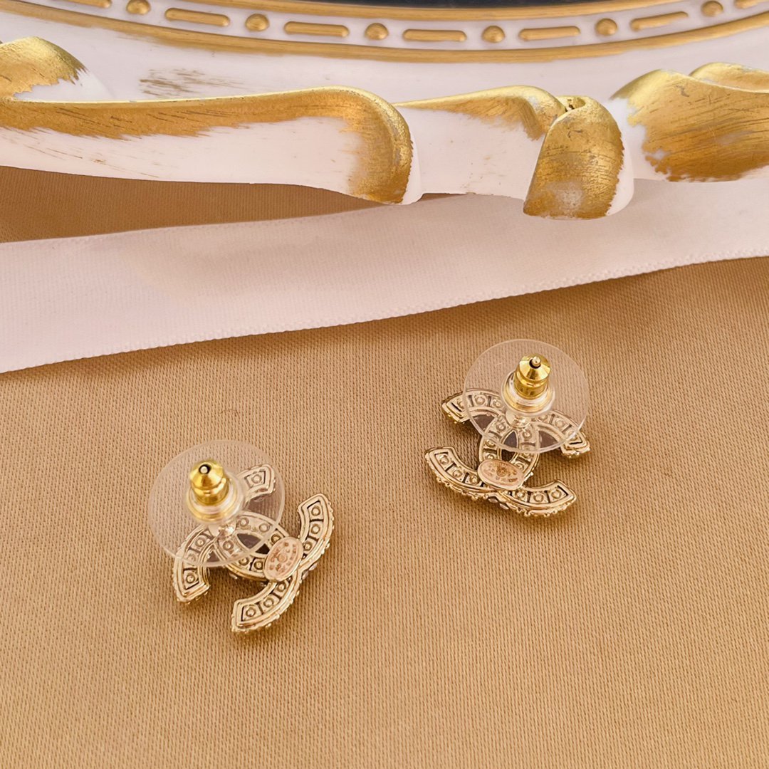 Chanel Double C MOP Gold Stud Earrings