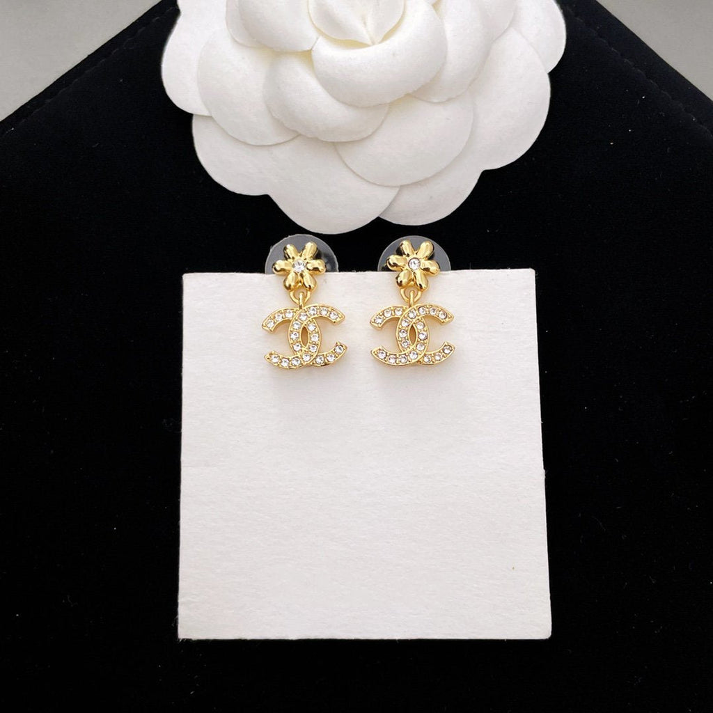 Chanel Mini Flower Double C Cubic Zirconia Gold Earrings