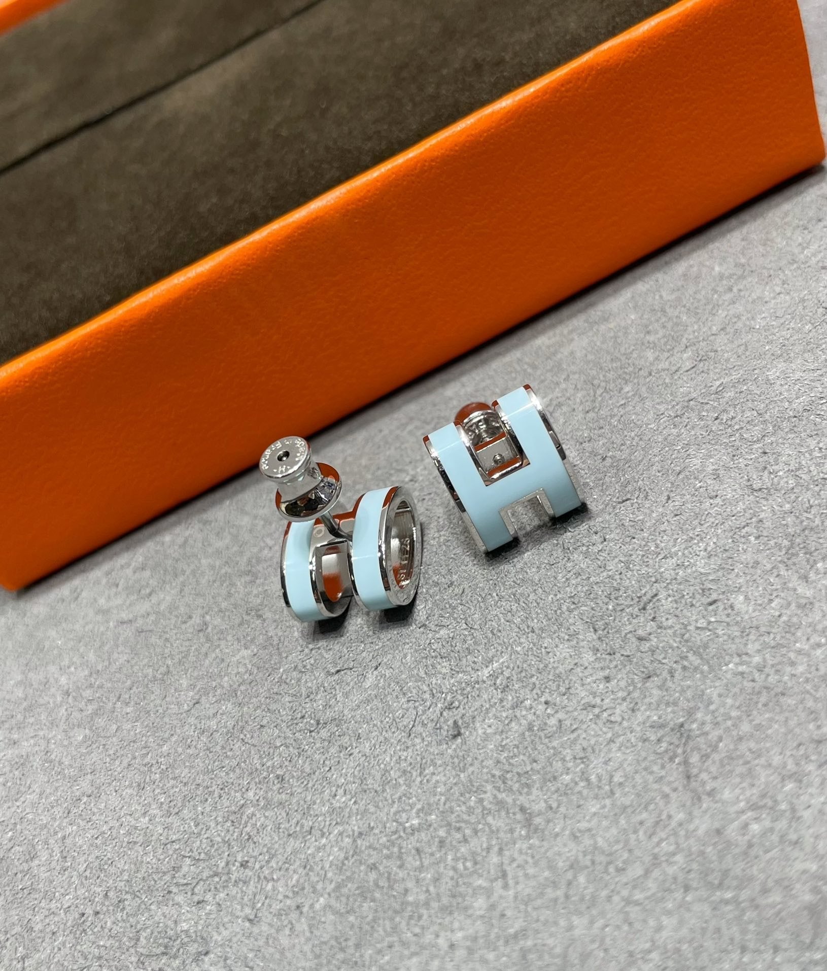 Hermes Pop H Sky Blue Stud Earrings
