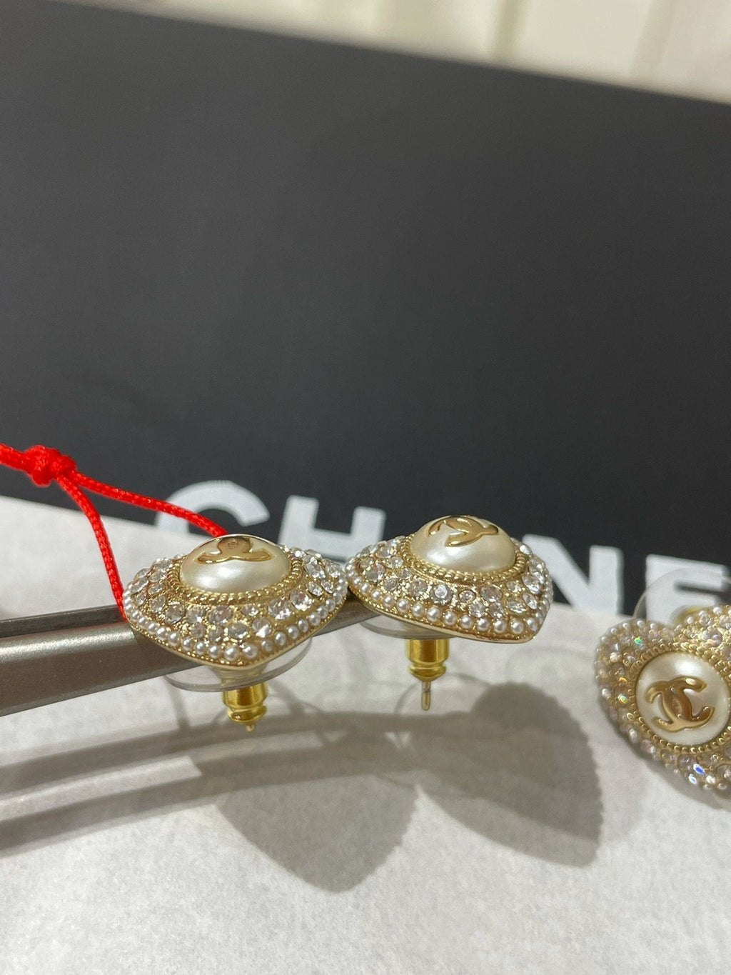 Chanel Heart Cubic Zirconia Paved MOP Stud Earrings