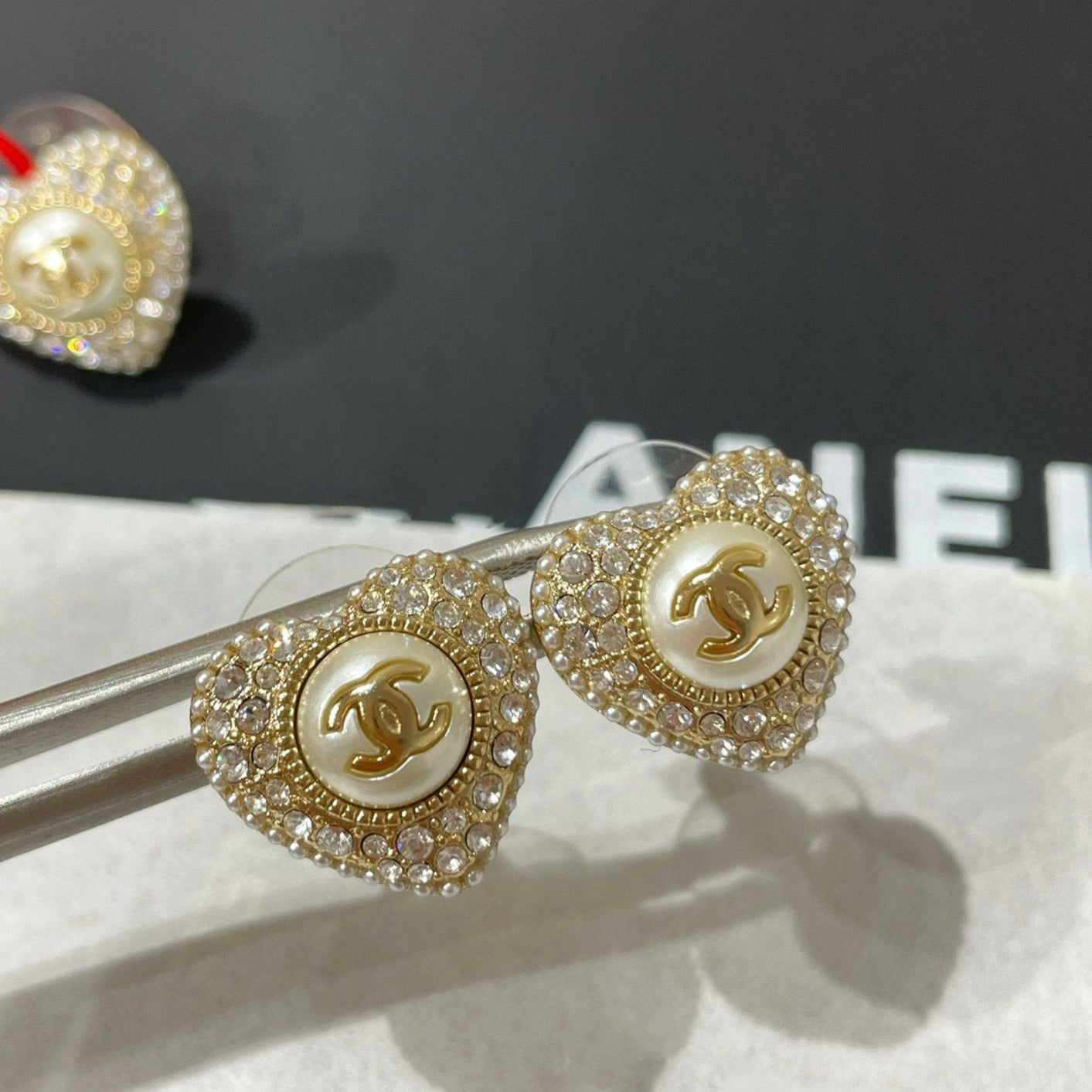 Chanel Heart Cubic Zirconia Paved MOP Stud Earrings