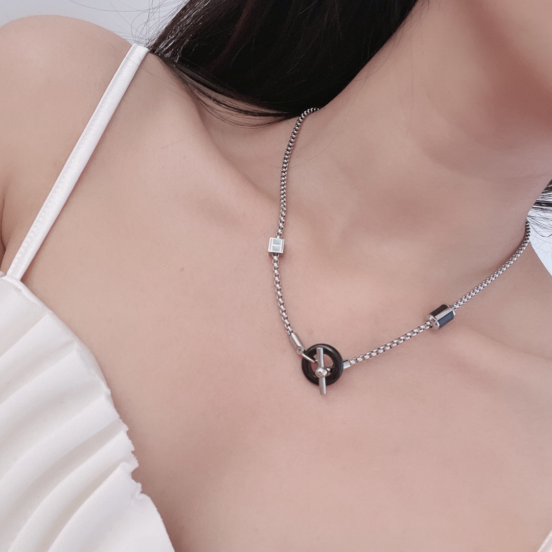 Hermes HM Black Circle Silver Necklace