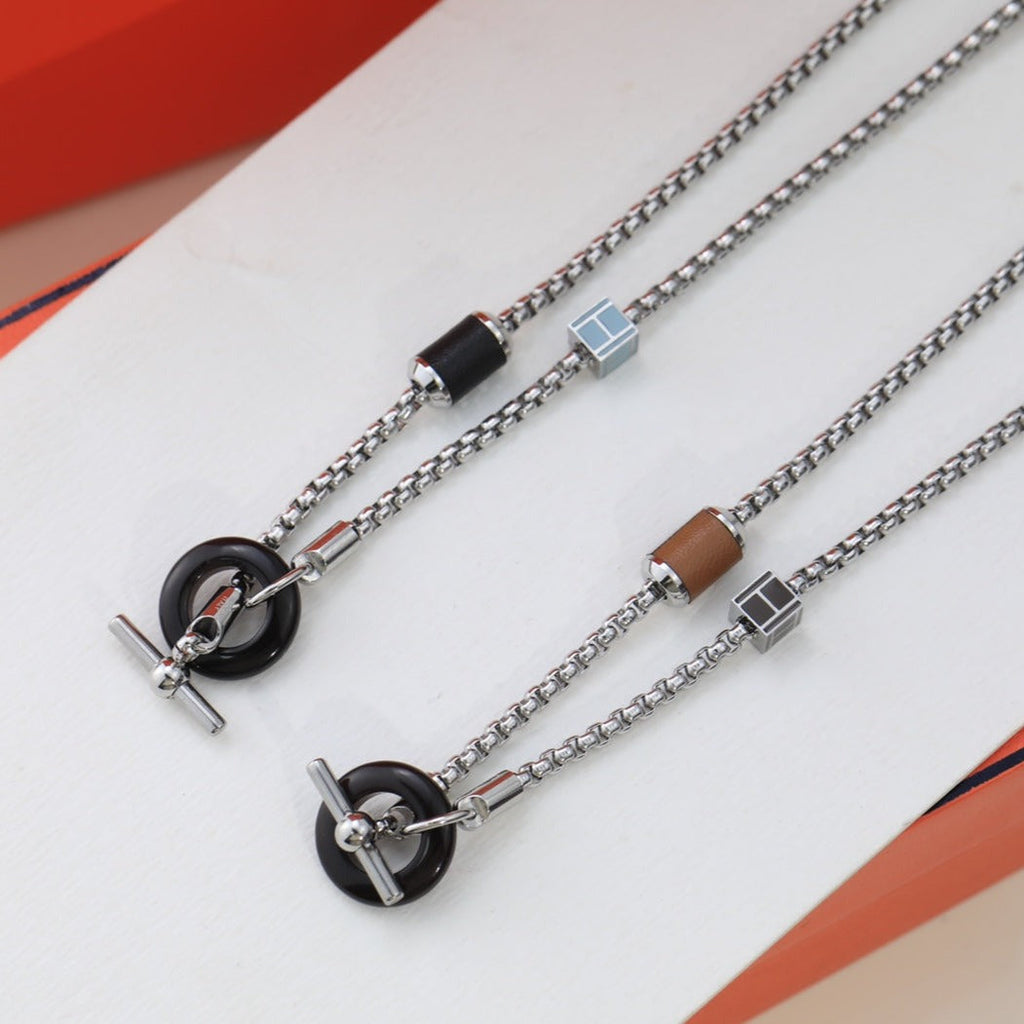 Hermes HM Black Circle Silver Necklace