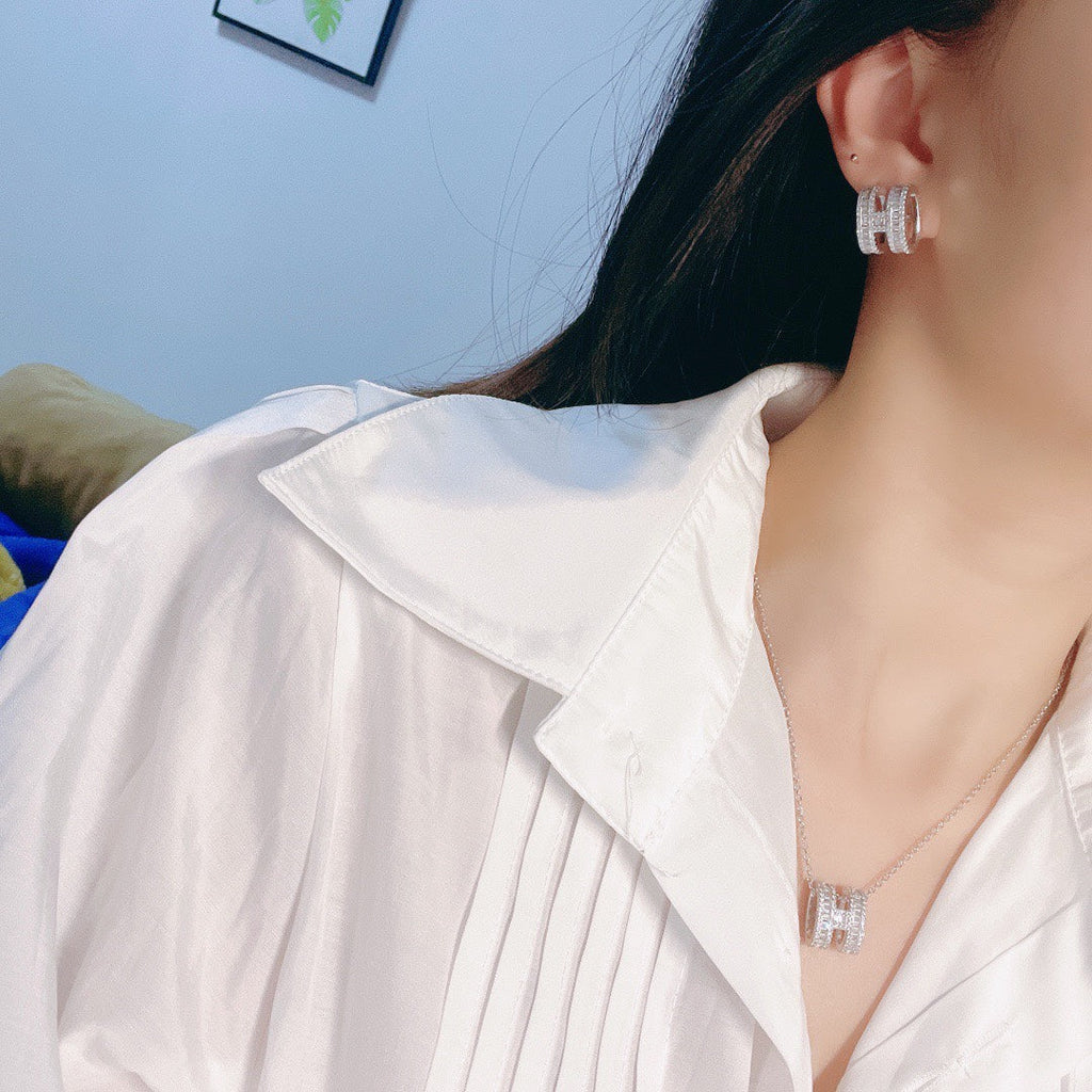 Hermes Pop H Silver Full Diamond Necklace