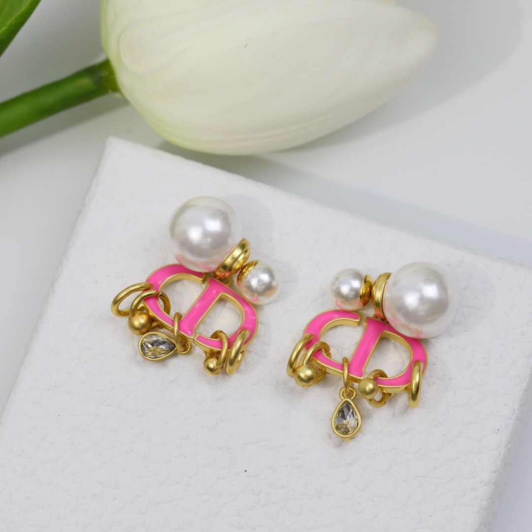 Dior CD Pink Pearl Gold 1 Diamond Earrings