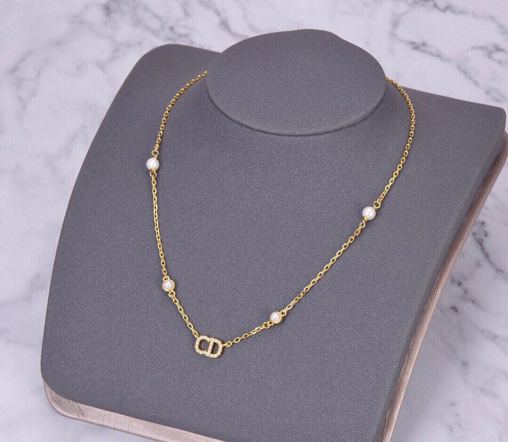 Dior CD Necklace Pendant Gold Diamond 4 Pearl