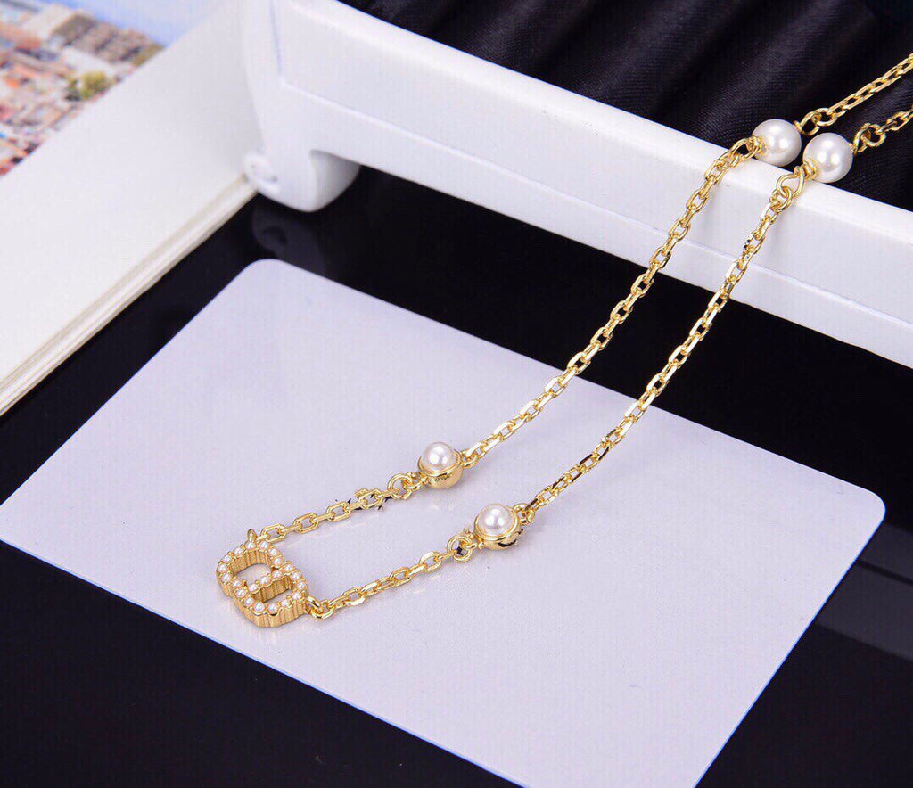Dior CD Necklace Pendant Gold Diamond 4 Pearl