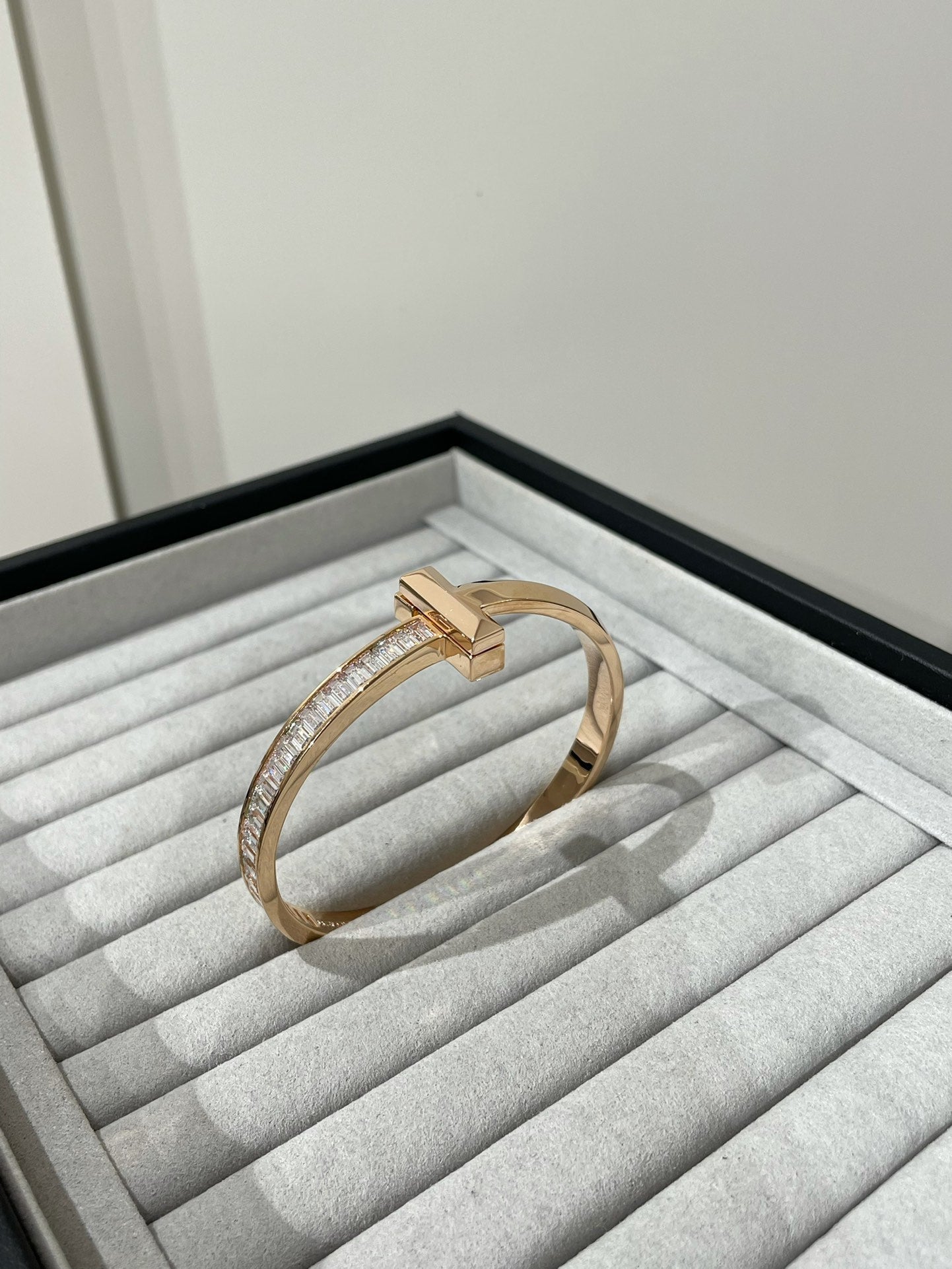Tiffany Wide Hinged Bangle Pink Gold with Baguette Cubic Zirconia