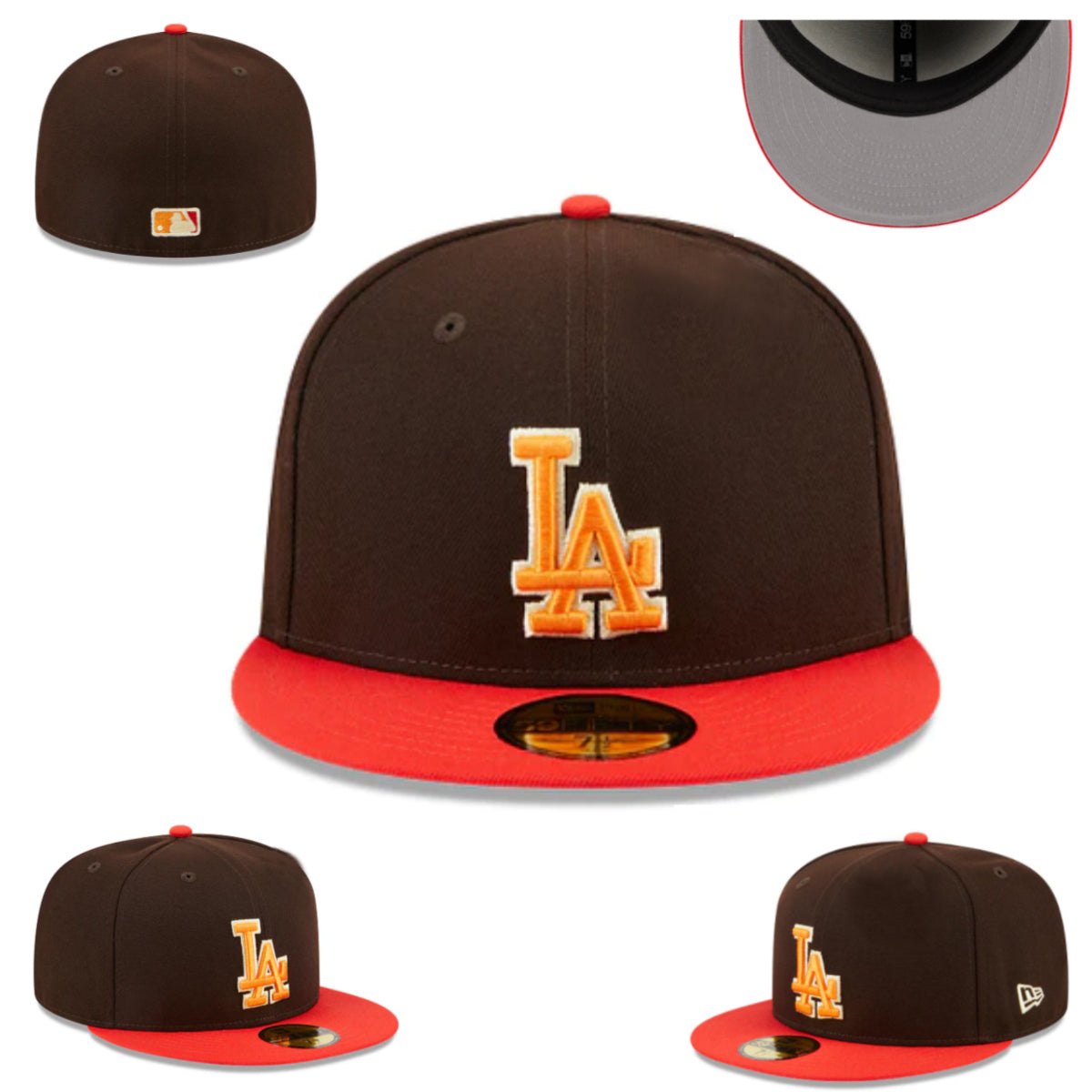 Los Angeles Dodgers Fitted Hat – Brown with Red Brim and Orange Logo