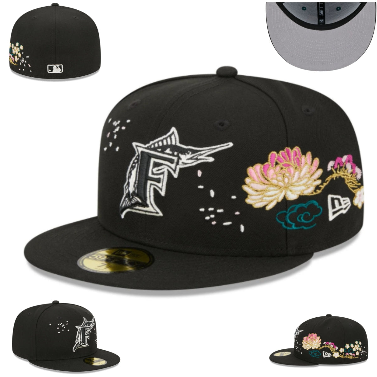 Miami Marlins Floral Embroidered Black Fitted Cap with Iconic Logo