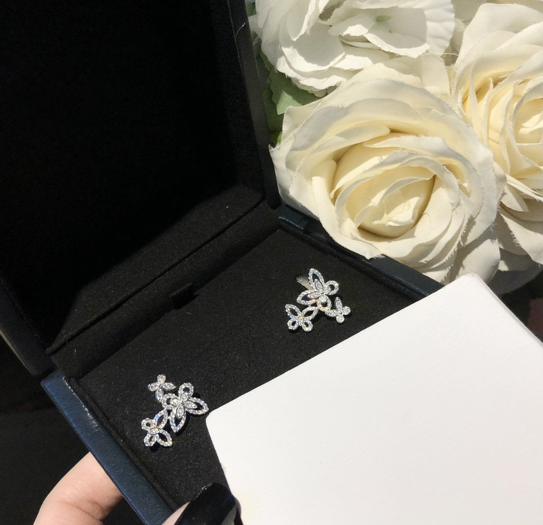 Graff Triple Butterfly Sihouette Silver Diamond Earrings