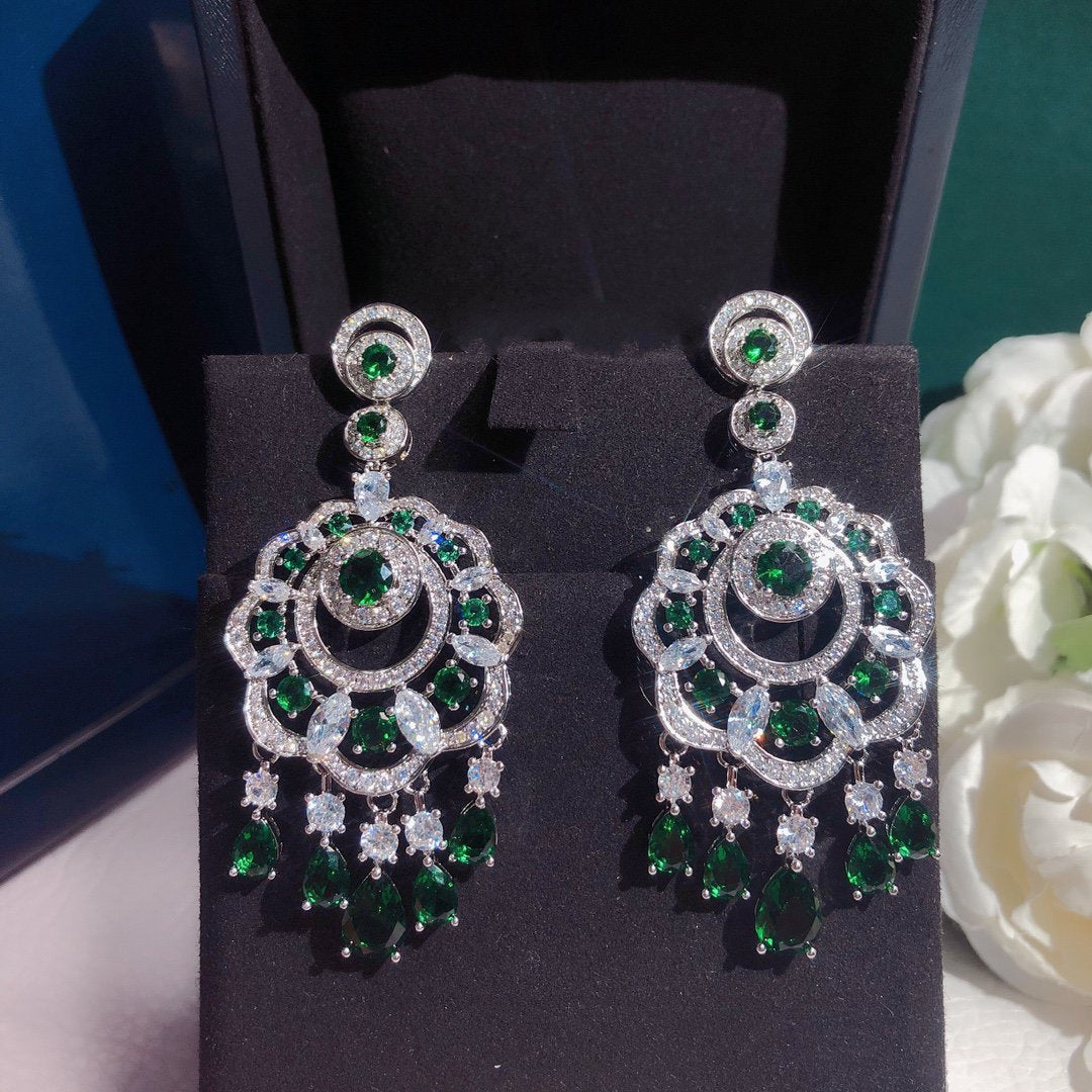 Graff Gra Flower Silver Green Diamond Drop Earrings