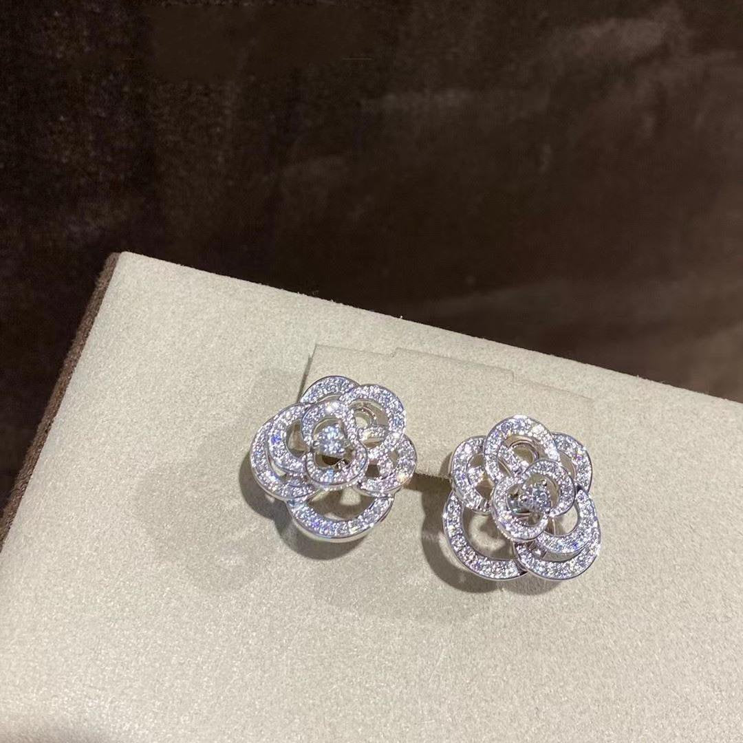 Chanel Fil de Camelia Earrings Silver Diamond