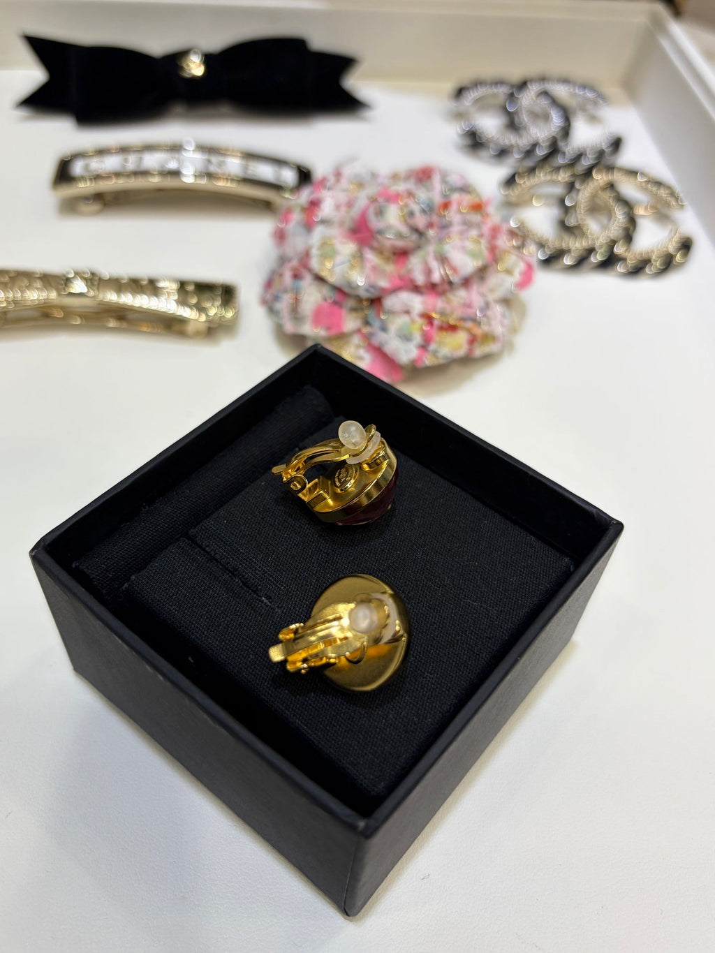 Chanel Gripoix Earrings with Gold Logo and Red Glass Stones