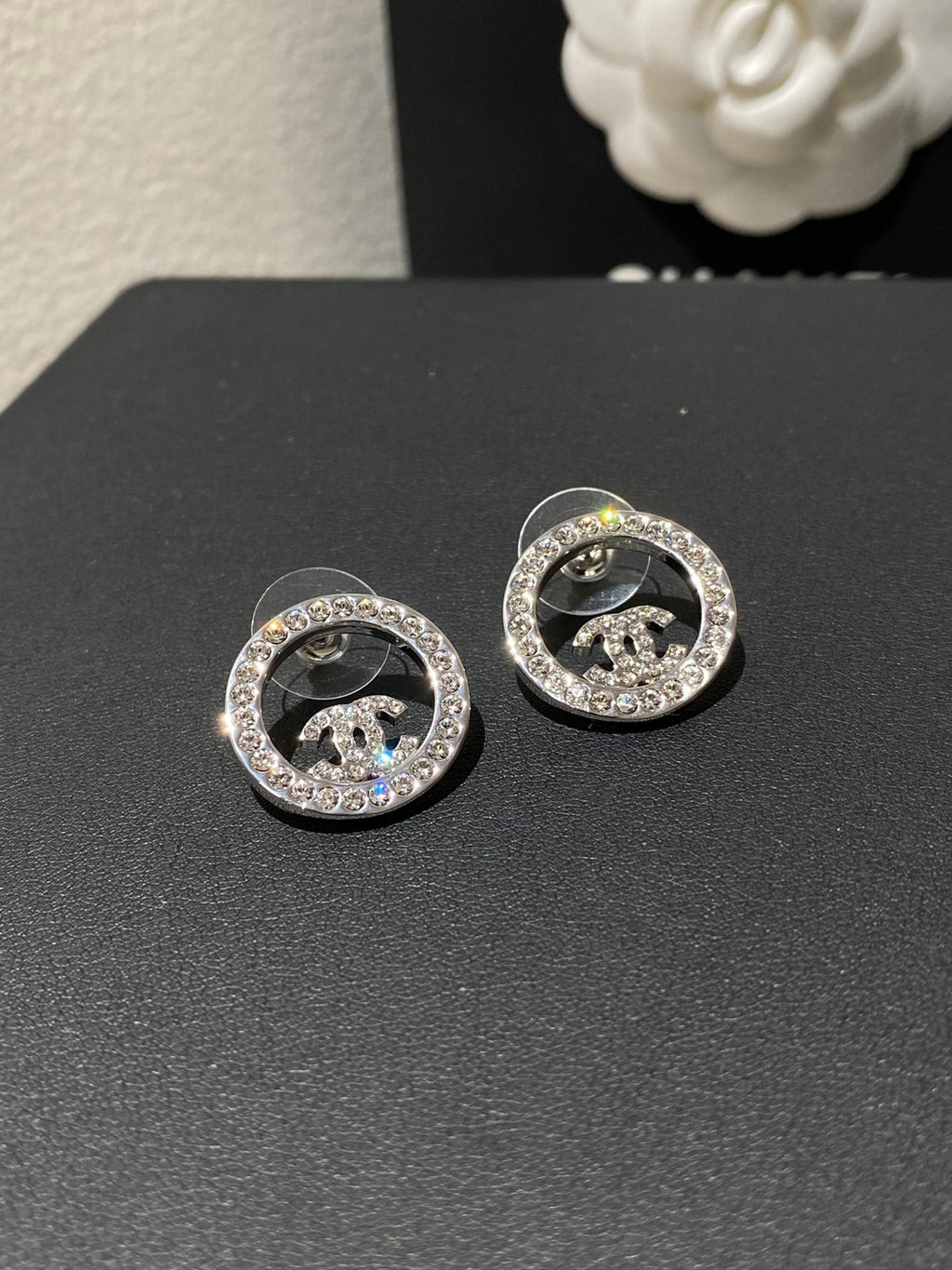 Chanel Classic Platinum Rhinestone Stud Silver Earrings