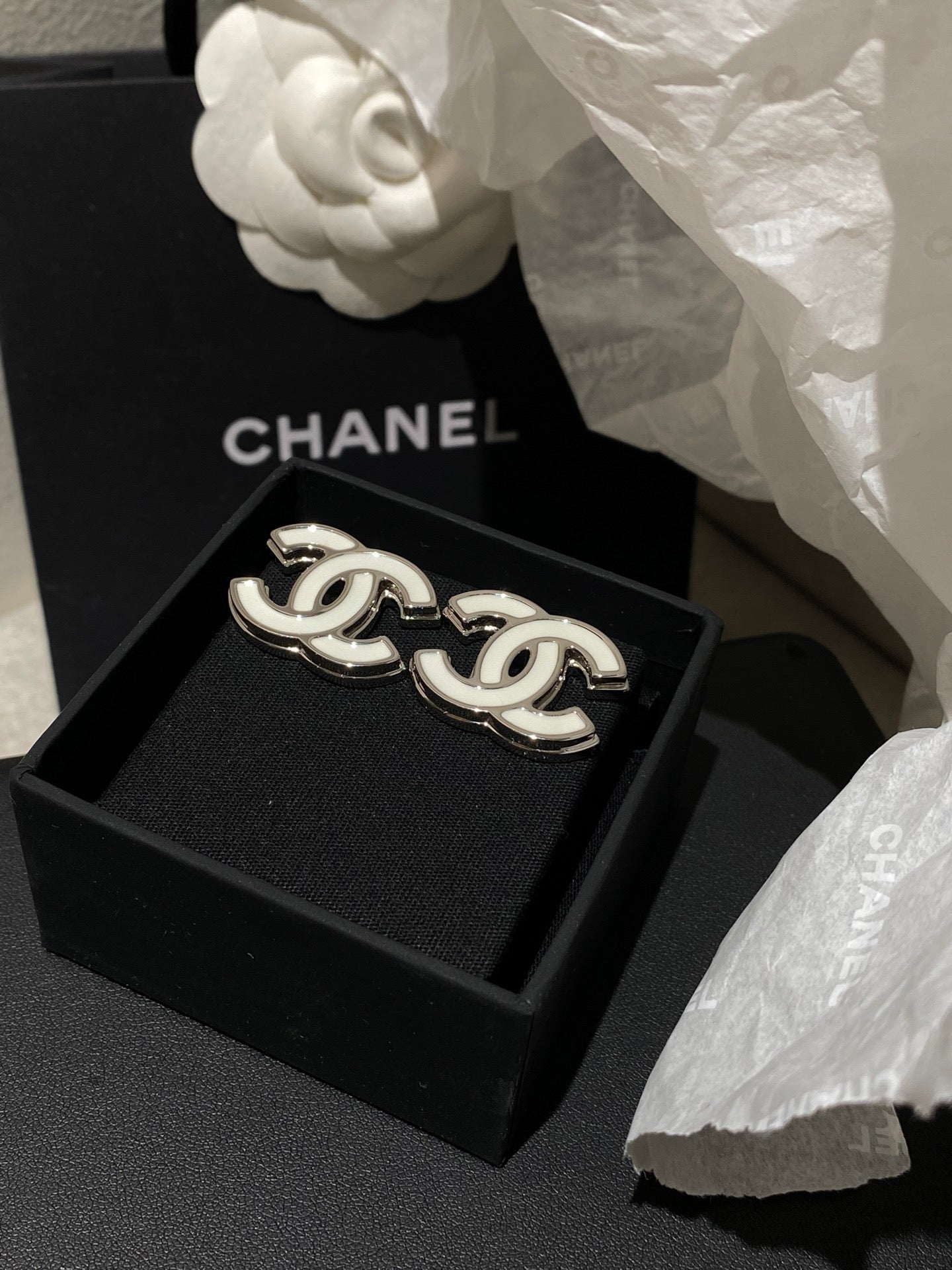 Chanel Classic White Silver Enamel Double C Earrings - Style 1