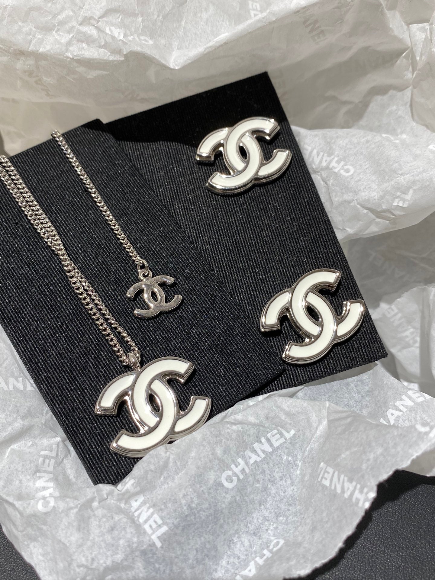 Chanel Classic White Silver Enamel Double C Earrings - Style 1