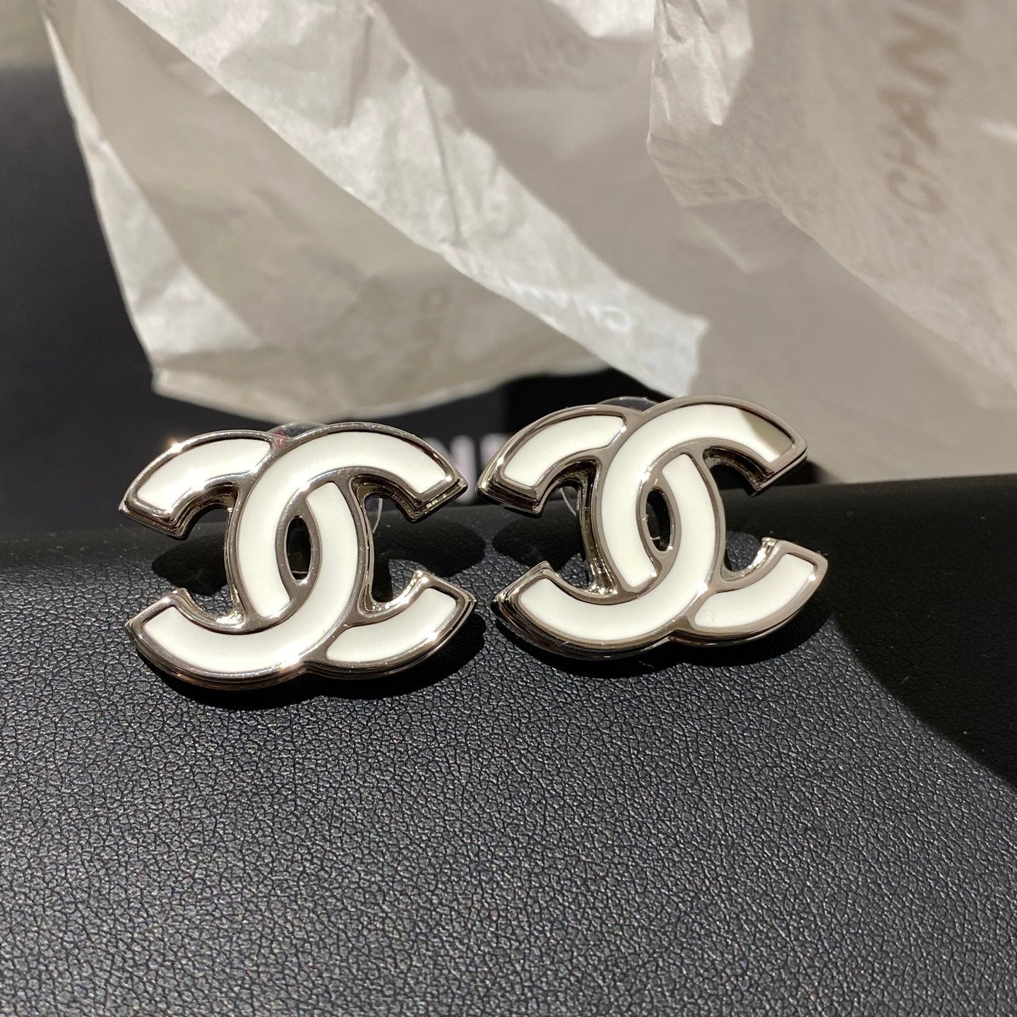 Chanel Classic White Silver Enamel Double C Earrings - Style 1