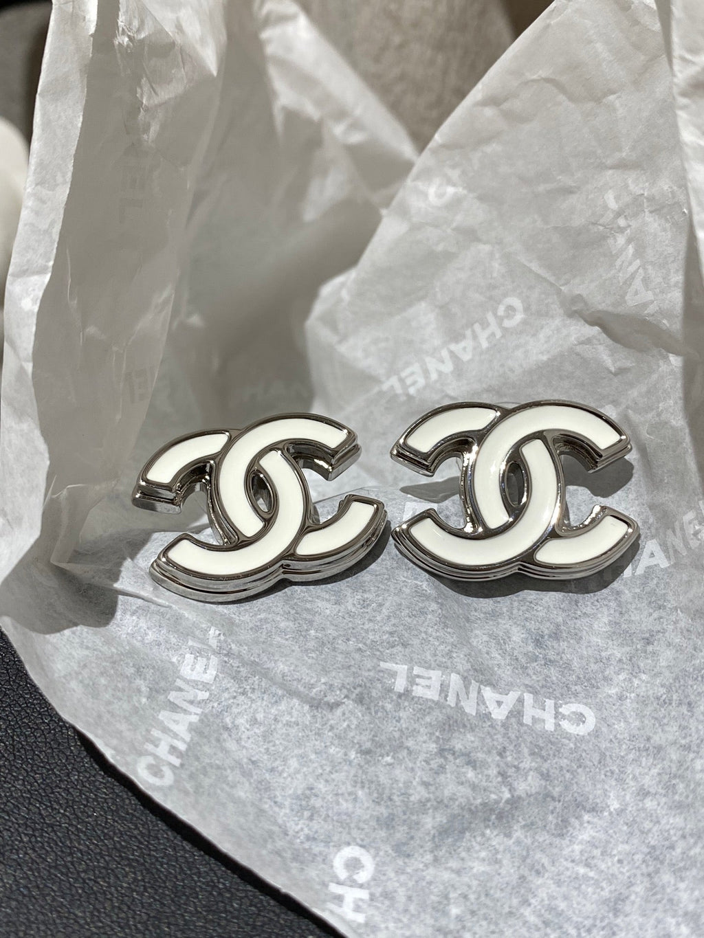 Chanel Classic White Silver Enamel Double C Earrings - Style 1