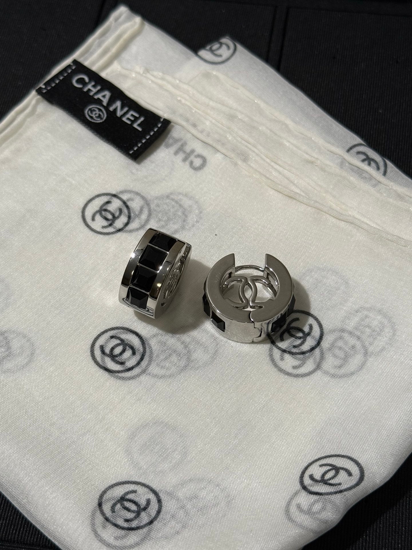 Chanel 2026 Black Square Diamond Silver Double C Hoop Stud Earrings