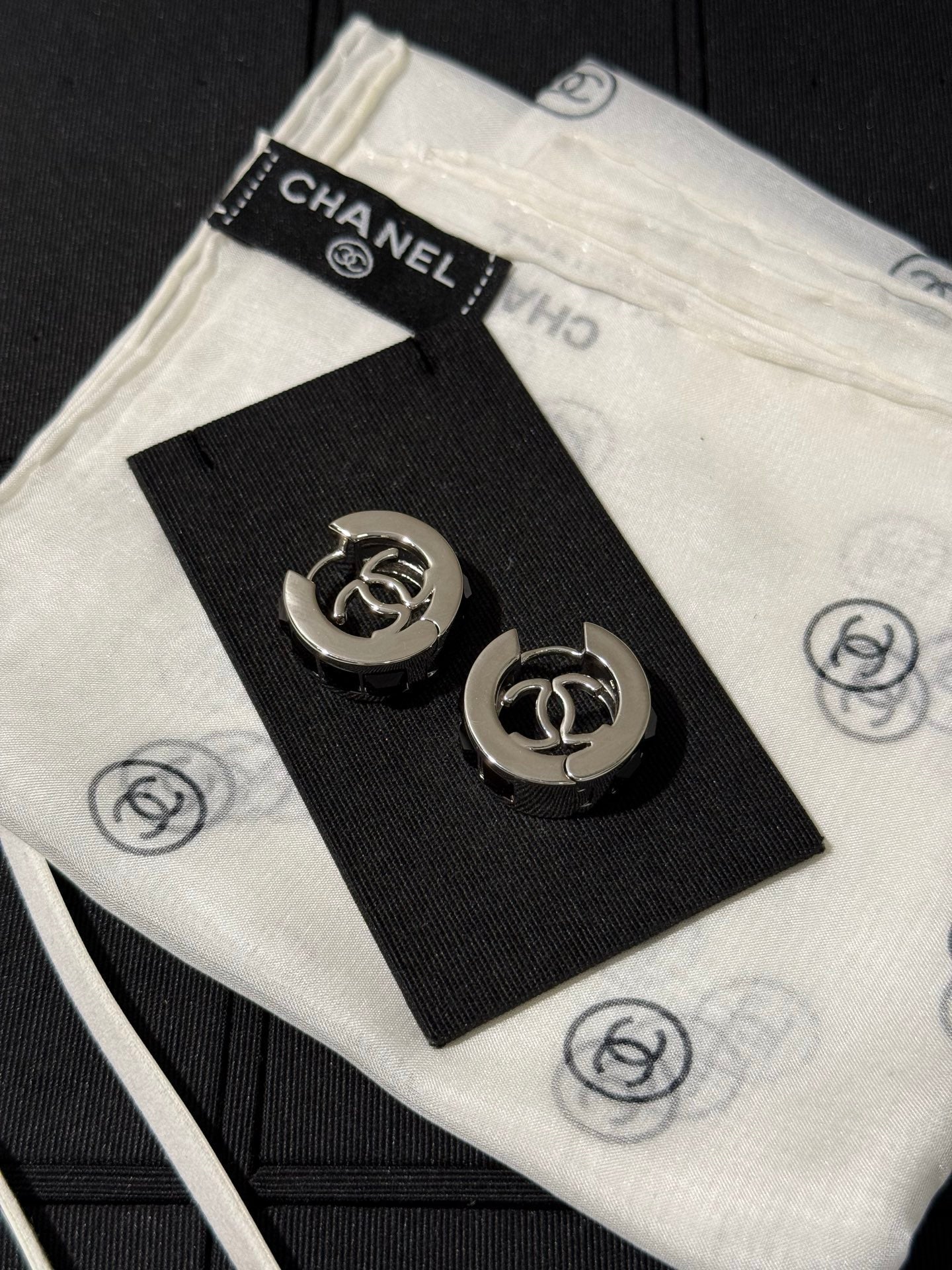 Chanel 2026 Black Square Diamond Silver Double C Hoop Stud Earrings