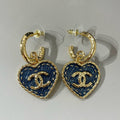 Chanel Heart Blue Denim Light Gold Hoop Earrings