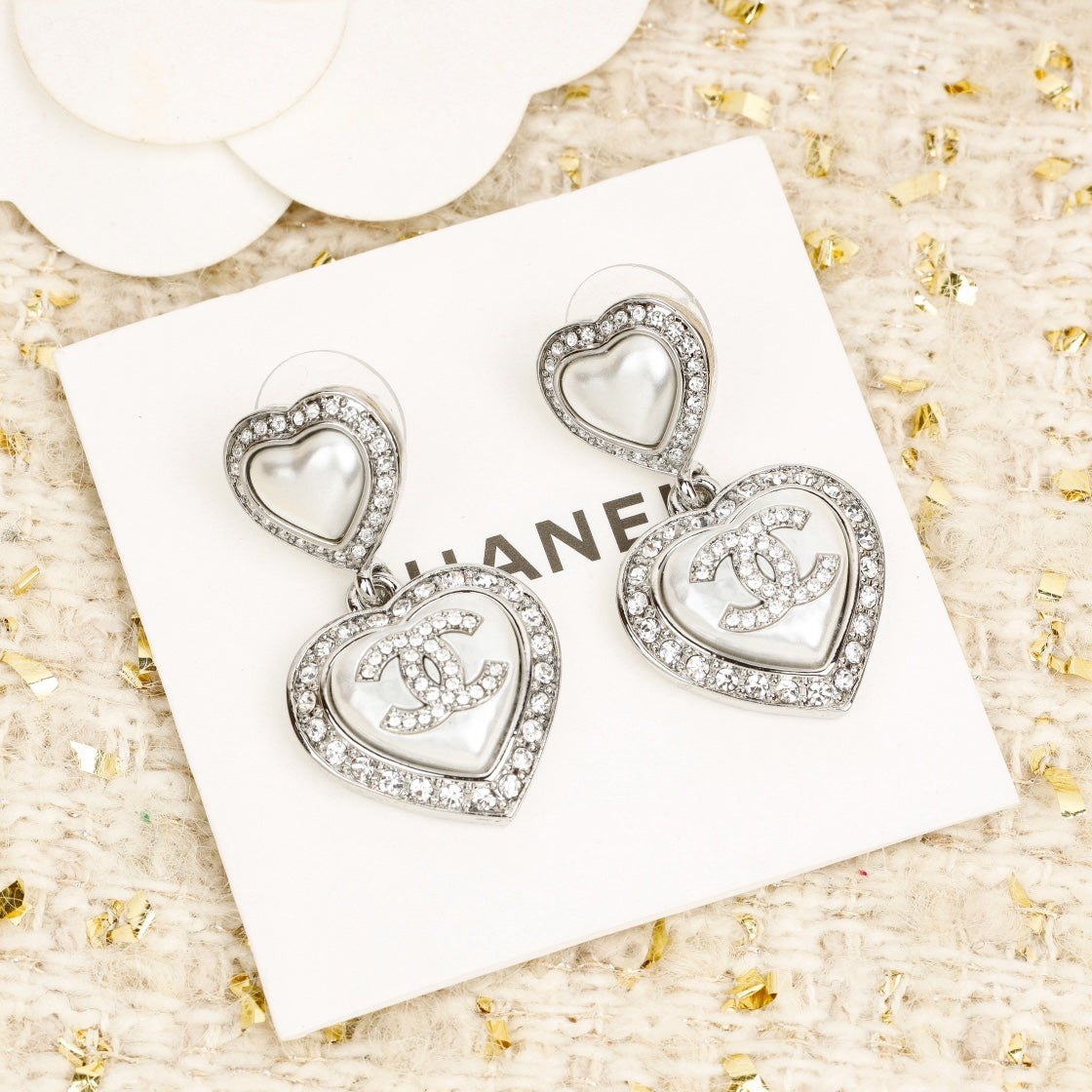 Chanel Double Heart Diamonds Silver Earrings